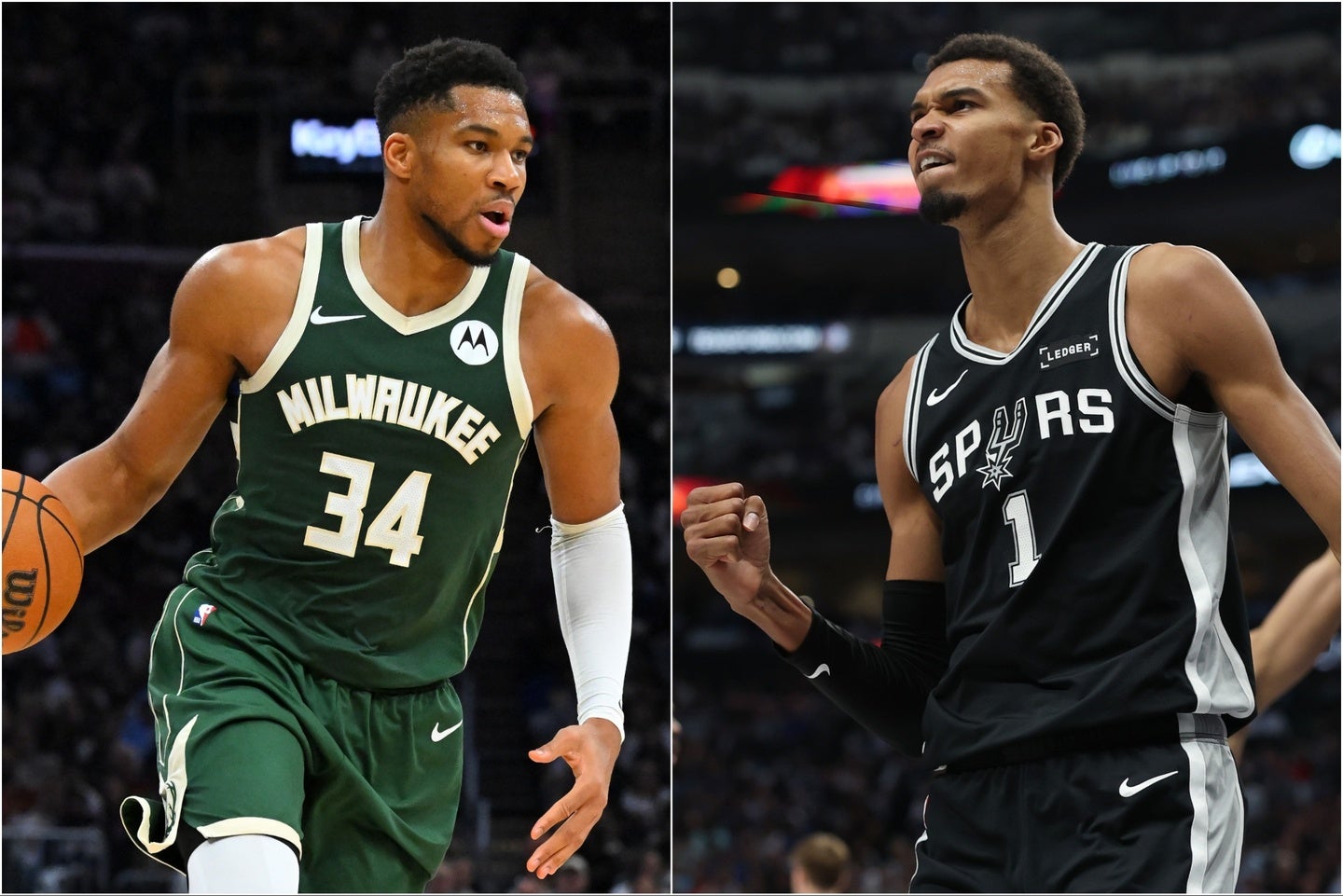 今季第1週のMVPに選ばれたバックスのアデトクンボ(左)とスパーズのウェンバンヤマ(右)。(C)Getty Images