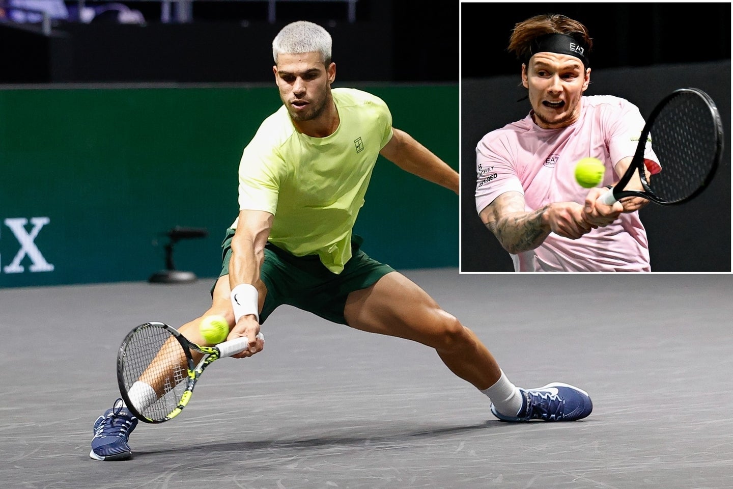 大会側も認める通り、パリ・マスターズ新会場は球足を遅く設定。アルカラス(メイン写真)やブブリク(右上)ら出場選手から不満が出ている。(C)Getty Images