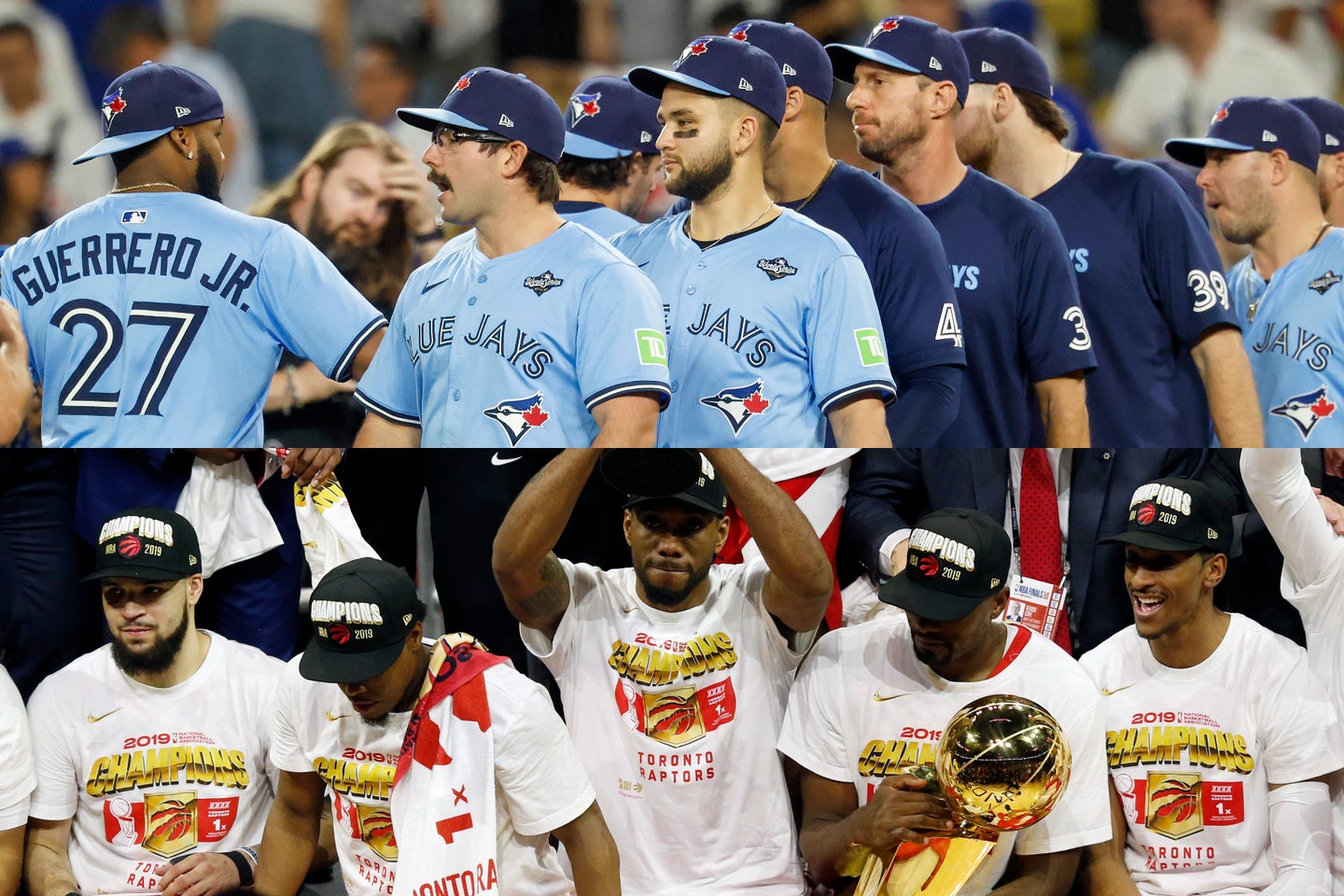 NBAラプターズ(下)は2019年のファイナル第６戦で優勝を決めた。ブルージェイズも、過去２度のWSと同じく第６戦で栄冠をつかめるか。(C)Getty Images