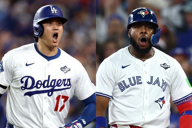 世界一をかけて激突しているドジャースとブルージェイズの主砲、大谷（左）とゲレーロJr.（右）。(C)Getty Images