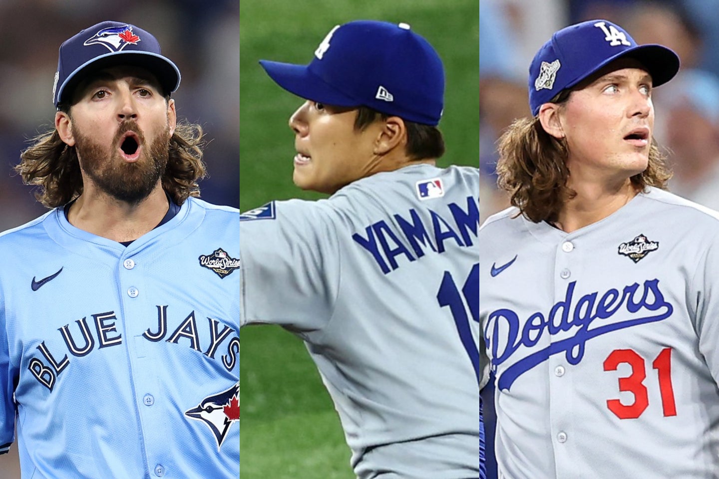 （左から）ゴーズマン、山本、グラスノーの３投手が、WS第６戦でMLB史上初の記録を達成した。(C)Getty Images