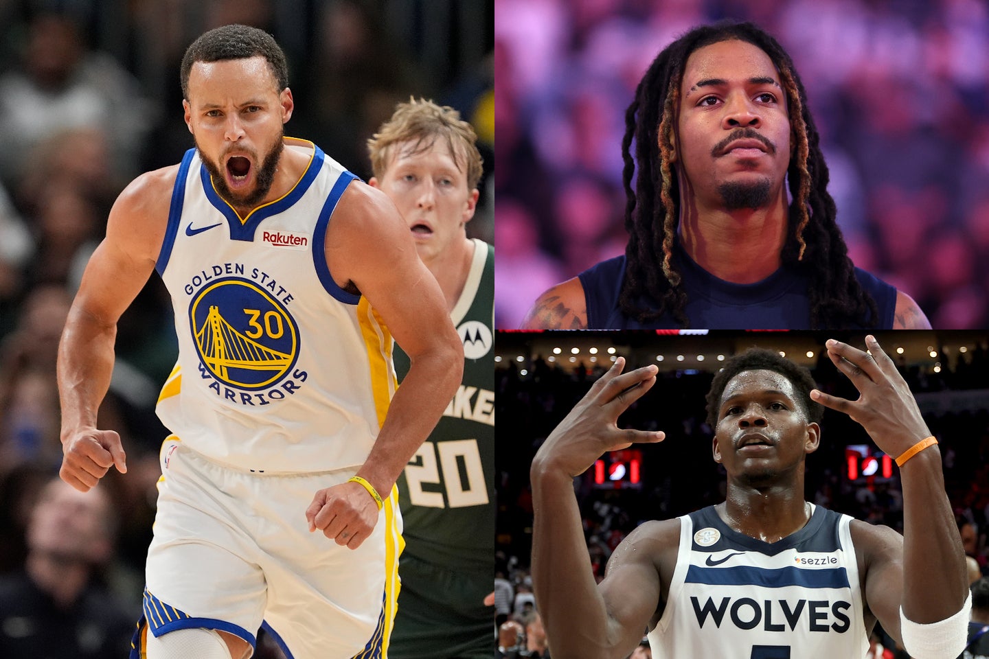 カリー(左)がモラント(右上)やエドワーズ(右下)ら、次世代のリーグの顔にエールを送った。(C)Getty Images