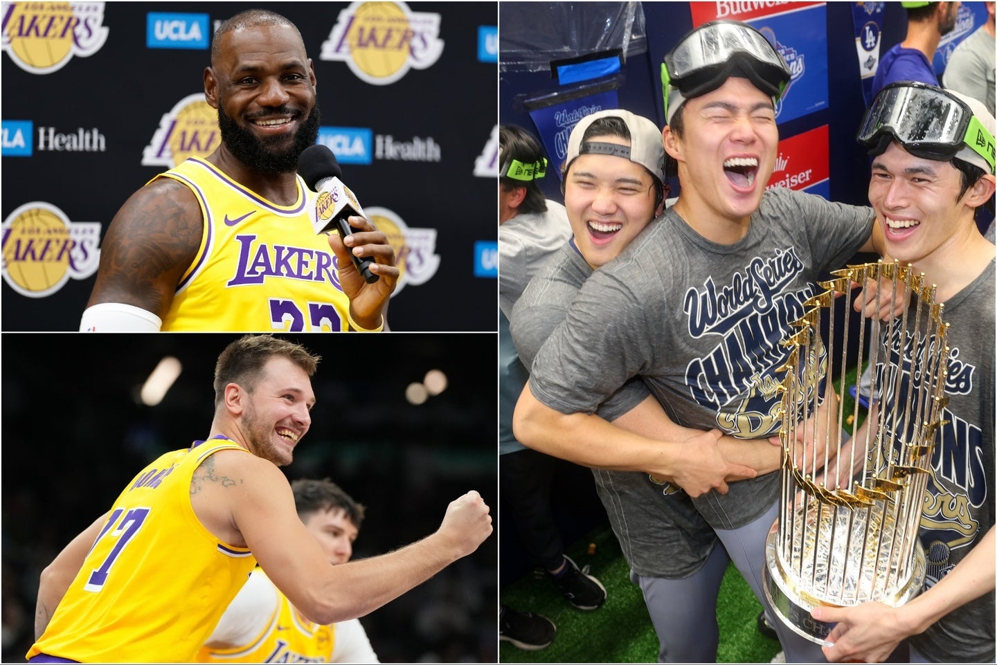 日本人選手が躍動したドジャースの連覇を、レブロン(左上)やドンチッチ(左下)も見届けていたようだ。(C)Getty Images