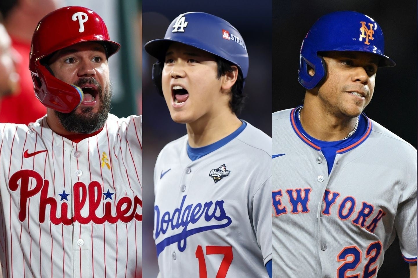 ナ・リーグMVPファイナリストにノミネートされたシュワーバー（左）、大谷（中央）、ソト（右）。(C) Getty Images