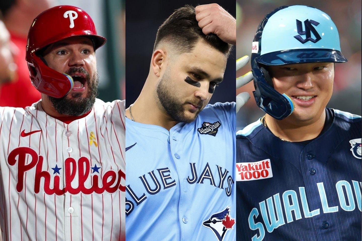 今オフ注目のFAに選出されたシュワーバー（左）、ビシェット（中央）、村上（右）。(C) Getty Images、産経新聞社（村上写真）