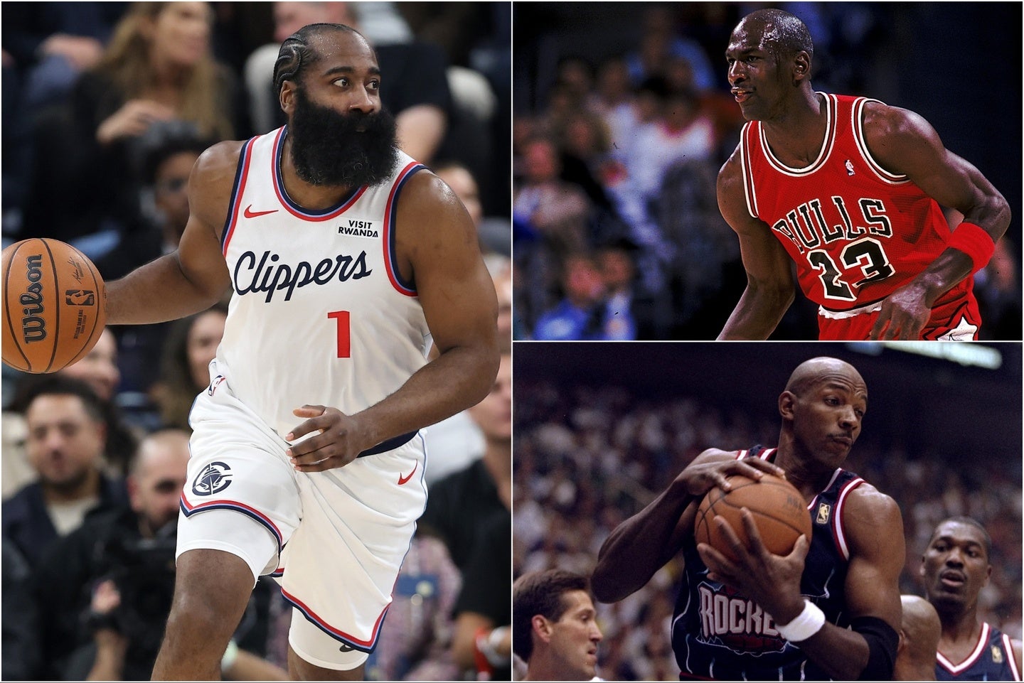 トリプルダブルのSGランキングはハーデン(左)、ジョーダン(右上)、ドレクスラー(右下)が上位に。(C)Getty Images