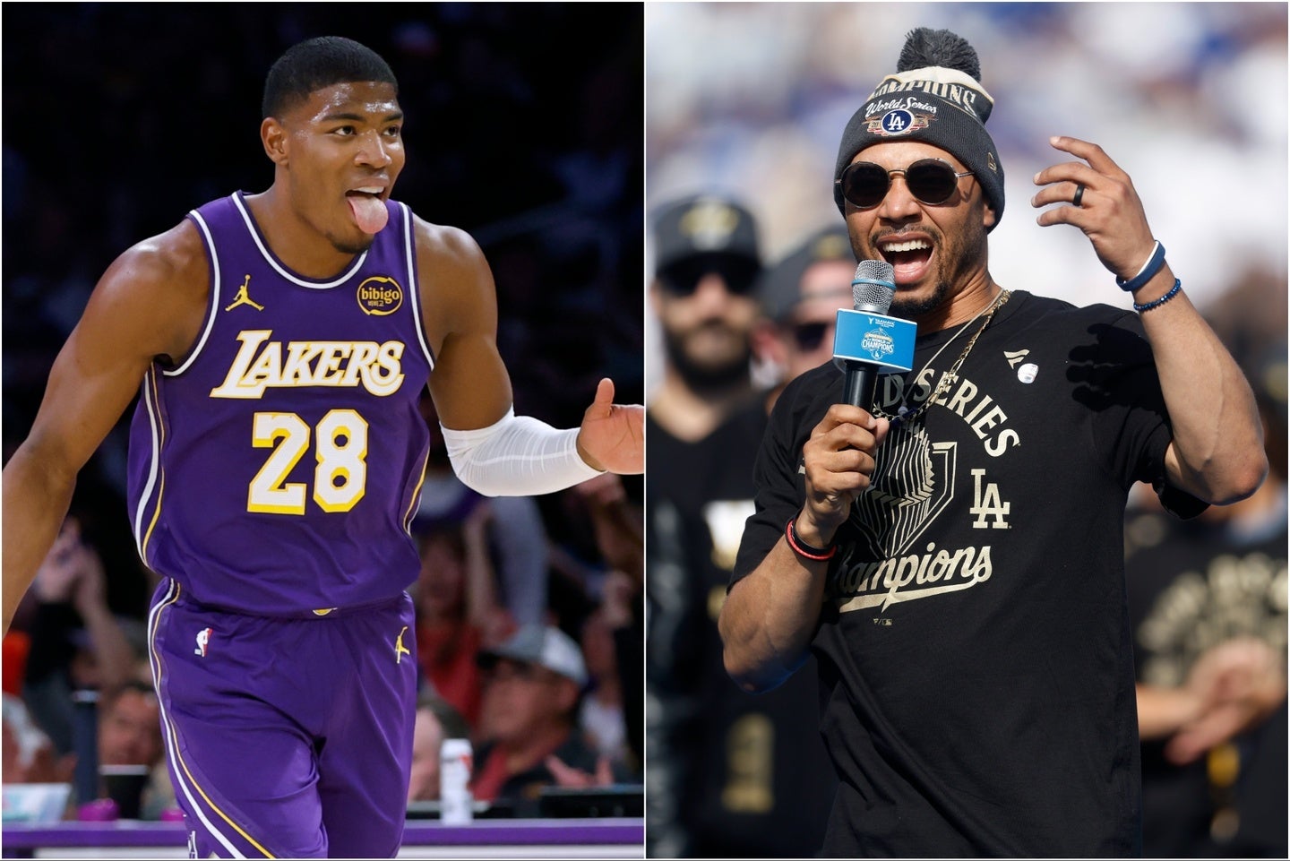 レイカーズ八村(左)の活躍に、ドジャースのベッツ(右)も熱狂した。(C)Getty Images