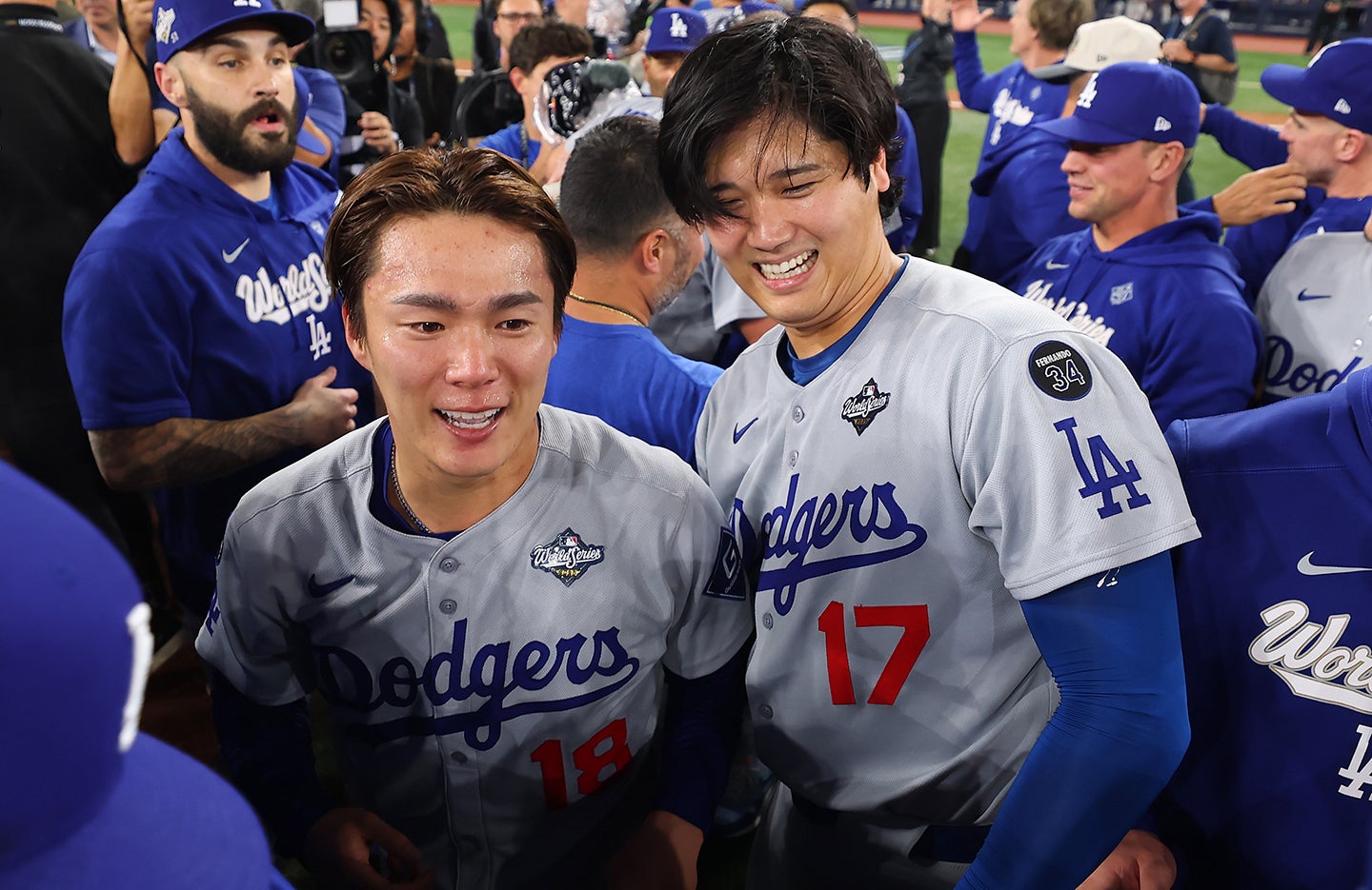 ワールドシリーズ連覇に尽力した山本と大谷。(C) Getty Images