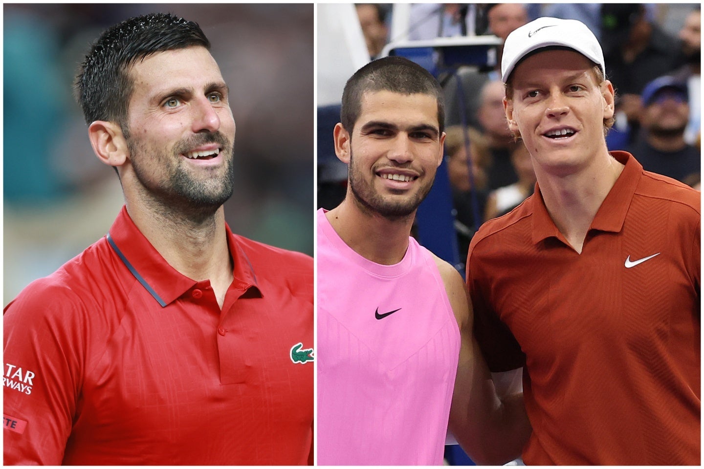 四大大会を席巻するシナー（右）とアルカラス（中央）。そのライバル関係について、ジョコビッチ（左）は自身の経験を踏まえて語った。（C）Getty Images