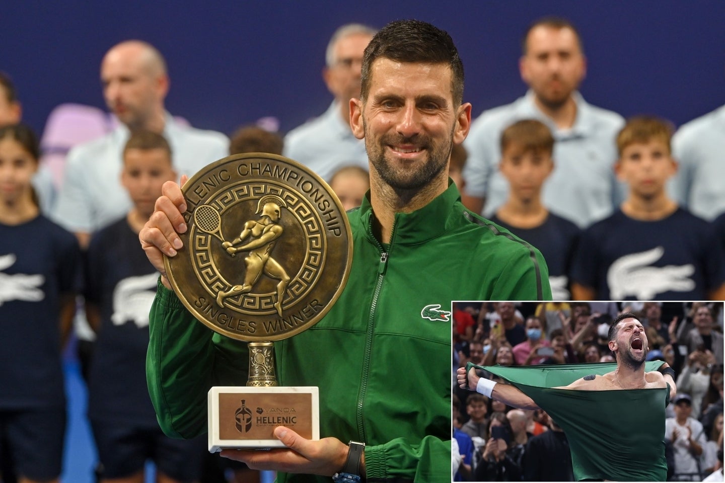 自ら「すごい戦いだった」というムゼッティとの決勝を制し、アテネ大会優勝を飾ったジョコビッチ。久々にシャツを引き裂くパフォーマンスも！(C)Getty Images