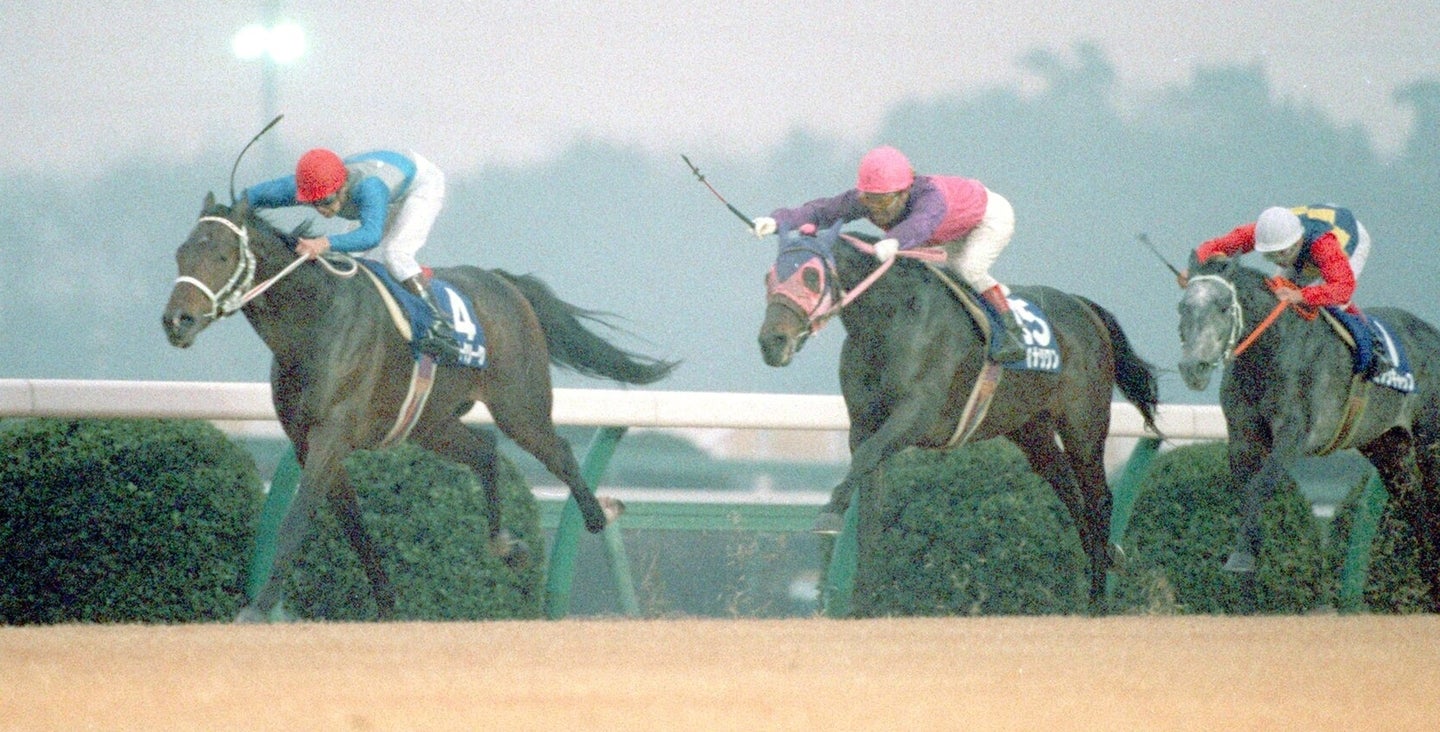 89年の有馬記念。イナリワン（中央）はスーパークリーク（左）をかわし、師走の大一番を制した。写真：産経新聞社