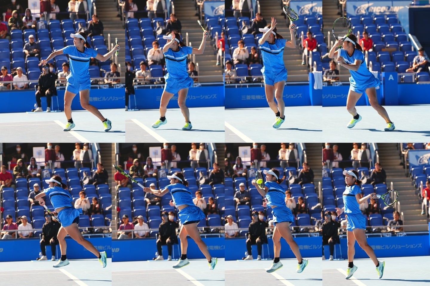 回り込みフォアでは腕を振る空間を作るため、ボールとの距離を取るように清水映里プロは意識している（３コマ目）。そしてラケットを高くセットし、肩の高さでボールを叩く（４～６）。(C)THE DIGEST