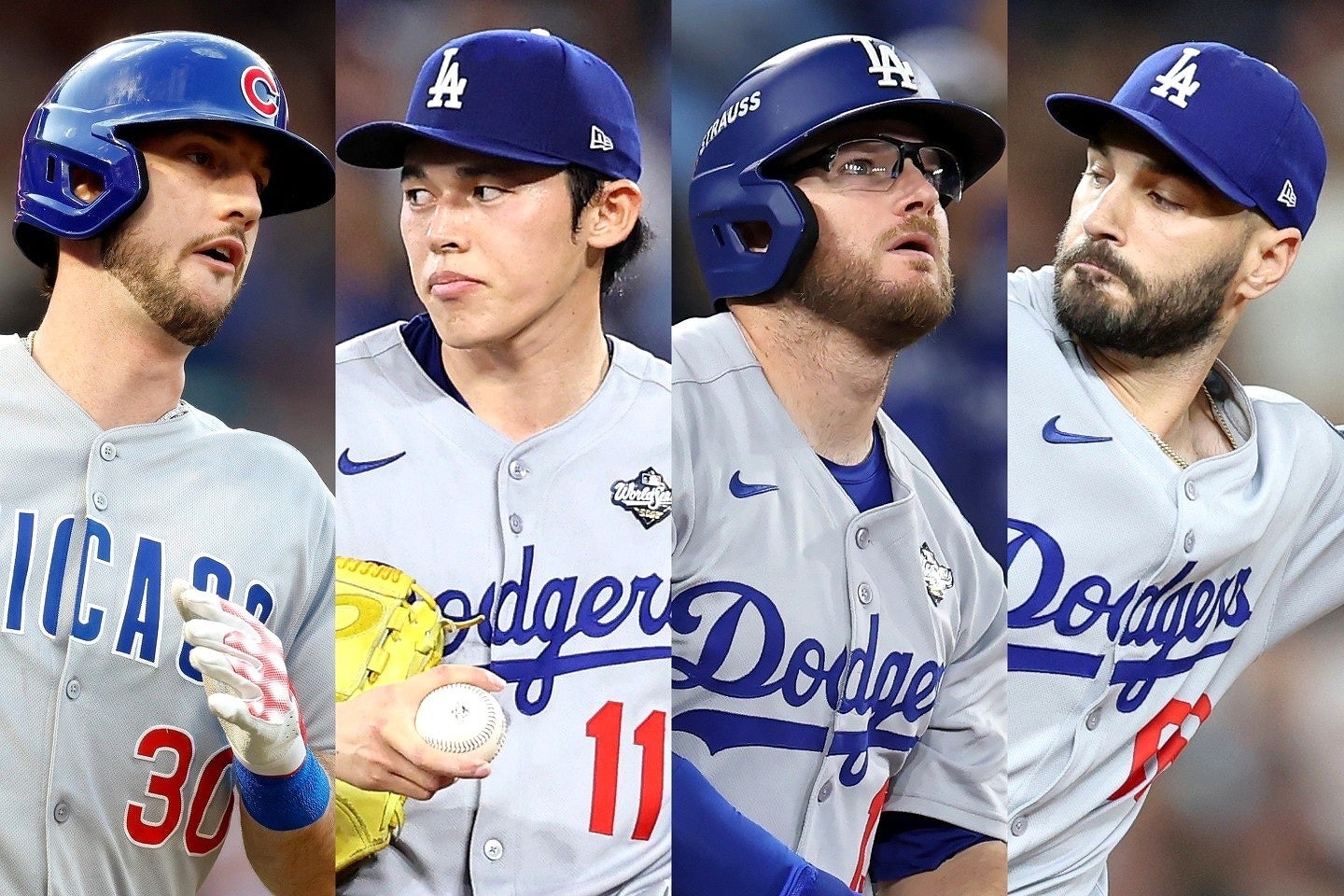 ドジャースの今オフの課題で触れられた４選手。左からタッカー、佐々木、マンシー、スコット。(C) Getty Images