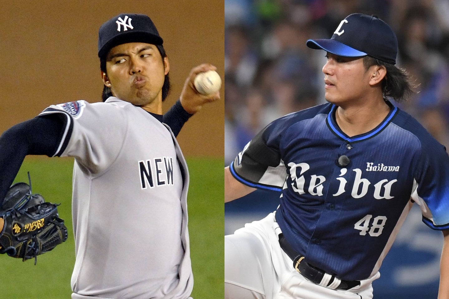 ヤンキース地元メディアは井川（左）を例に挙げ、今オフにメジャーに挑戦する西武・今井（右）の獲得に疑問を呈した。写真：鈴木颯太朗、(C)Getty Images