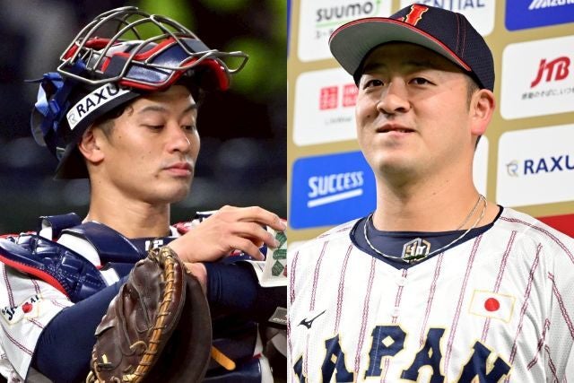 韓国戦でスタメンマスクをかぶった坂本（左）。勝ち越し３ラン本塁打を放った岸田（右）。(C)Getty Images