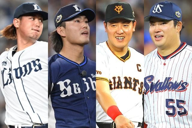 今オフにMLB挑戦を目指す（左から）高橋、今井、岡本、村上。 写真：鈴木颯太朗、永島裕基 (C)THE DIGEST