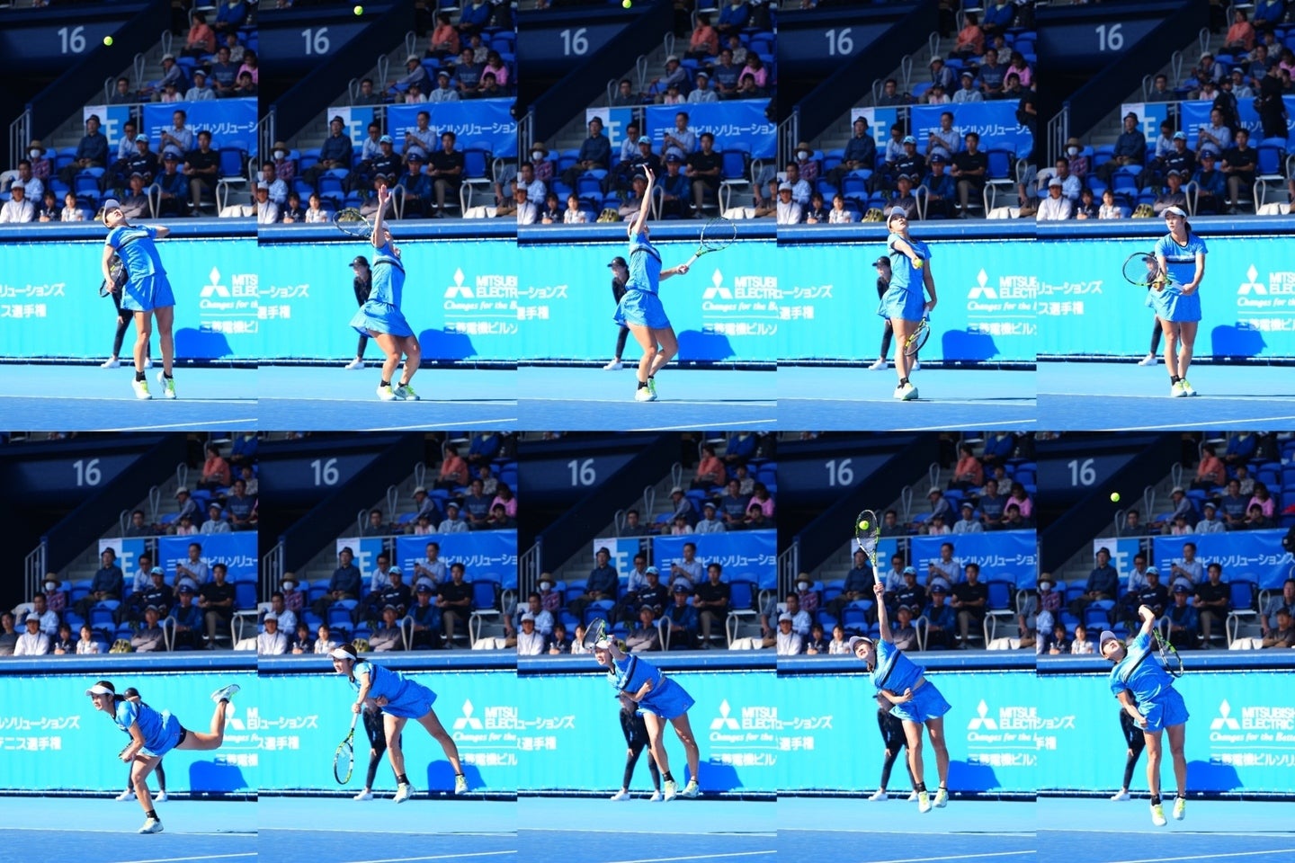 トスの最高点は打点よりラケット１本分だけ上（３コマ目）。腕の内転を利かせてボールの真裏を叩くのが（７～８）、清水映里選手がフラットサービスで意識しているコツだ。(C)THE DIGEST