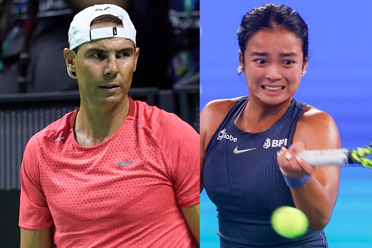 ナダル（左）が引退後初めてコートに復帰。自身が運営するアカデミーの卒業生で急成長中の20歳イーラ（右）と練習を行なった。（C）Getty Images