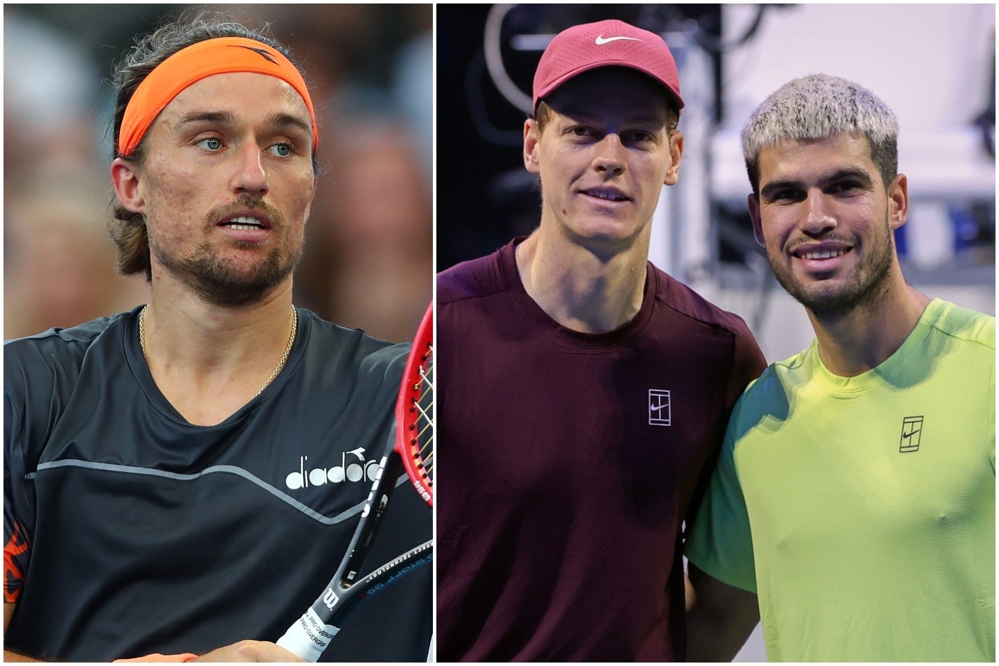 男子テニス界は、シナー（中央）とアルカラス（右）が突出する一方、かつてのように上位を脅かす存在は少ないとドルゴポロフ氏（左）は指摘する。（C）Getty Images