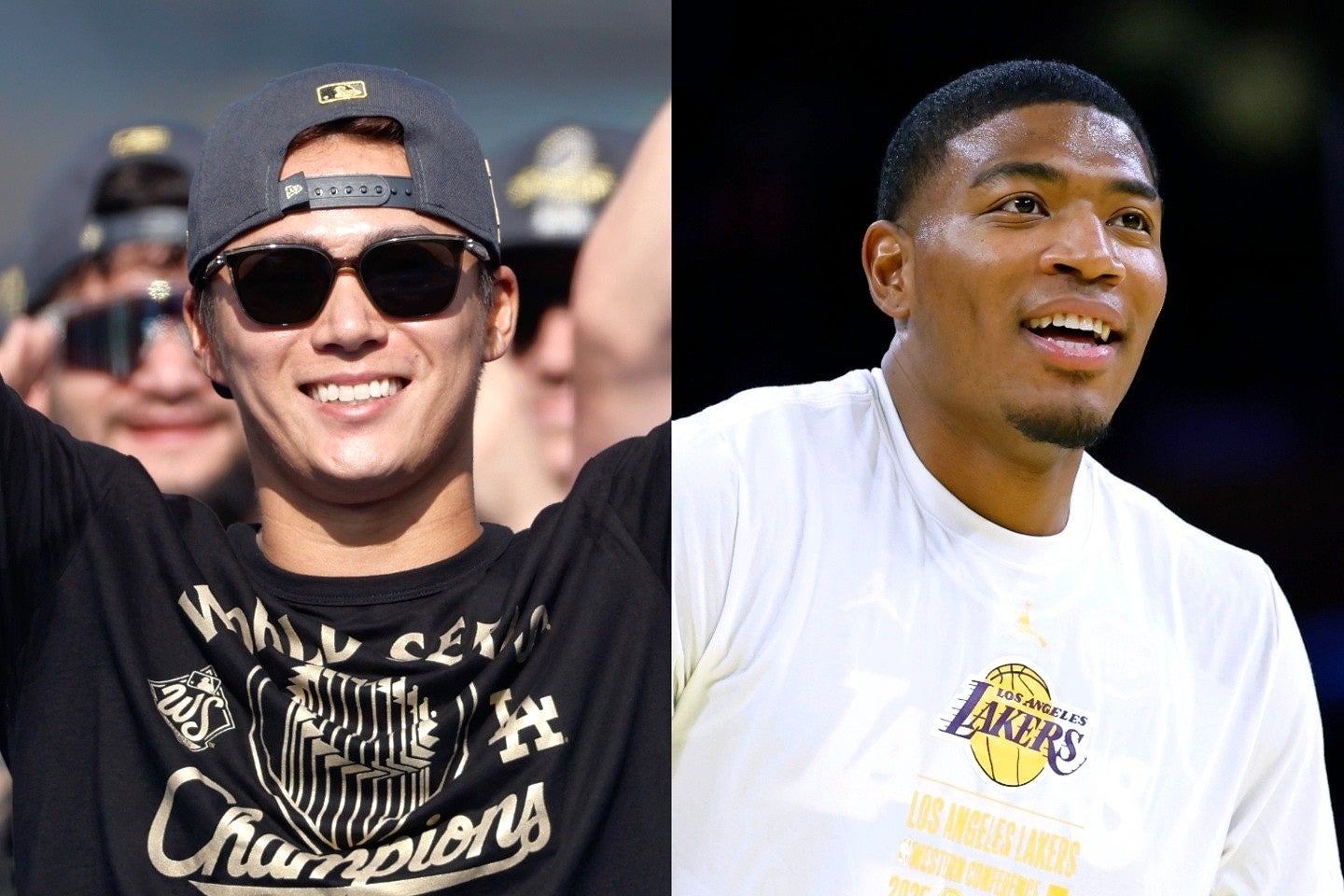 八村（右）の試合を観戦した山本（左）。名前入りユニホームも受け取った。(C)Getty Images