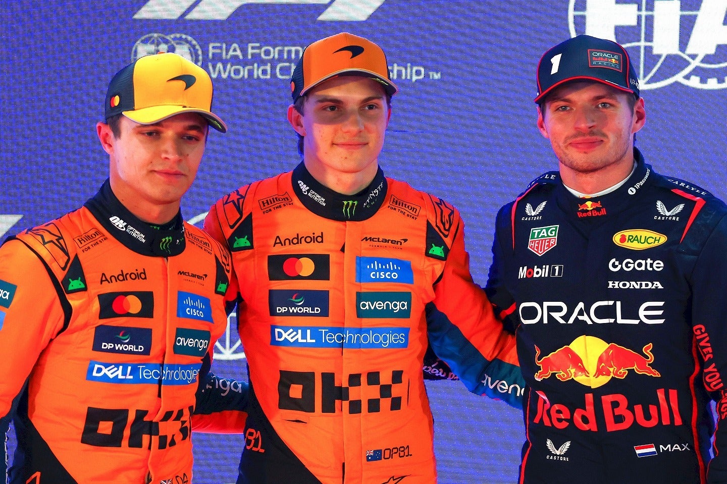 ノリス（左）の戴冠か、ピアストリ（中央）の逆襲はあるのか。マシンとしてはフェルスタッペン（右）に分があるとの予想がある。(C)Getty Images