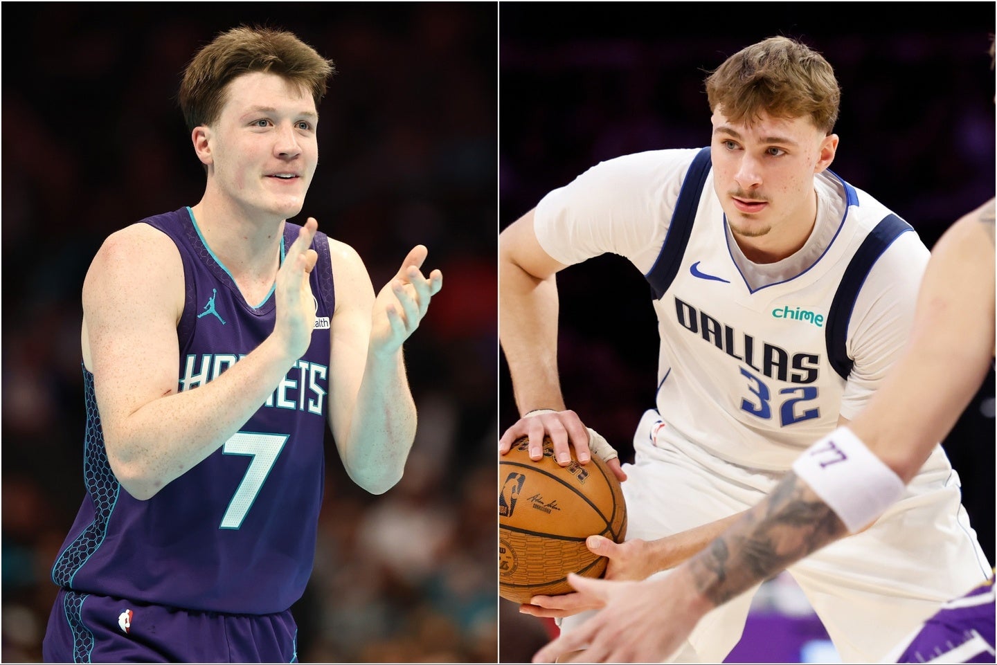 10/11月の月間最優秀新人に選ばれたホーネッツのカニップル(左)とマーベリックスのフラッグ(右)。(C)Getty Images