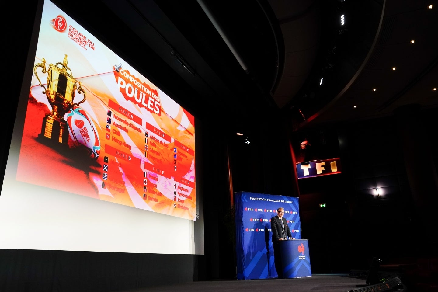 シドニーで開催された2027ラグビーＷ杯の組み分け抽選会。日本はフランス、アメリカ、サモアとプールＥで激突することとなった。(C)Getty Images