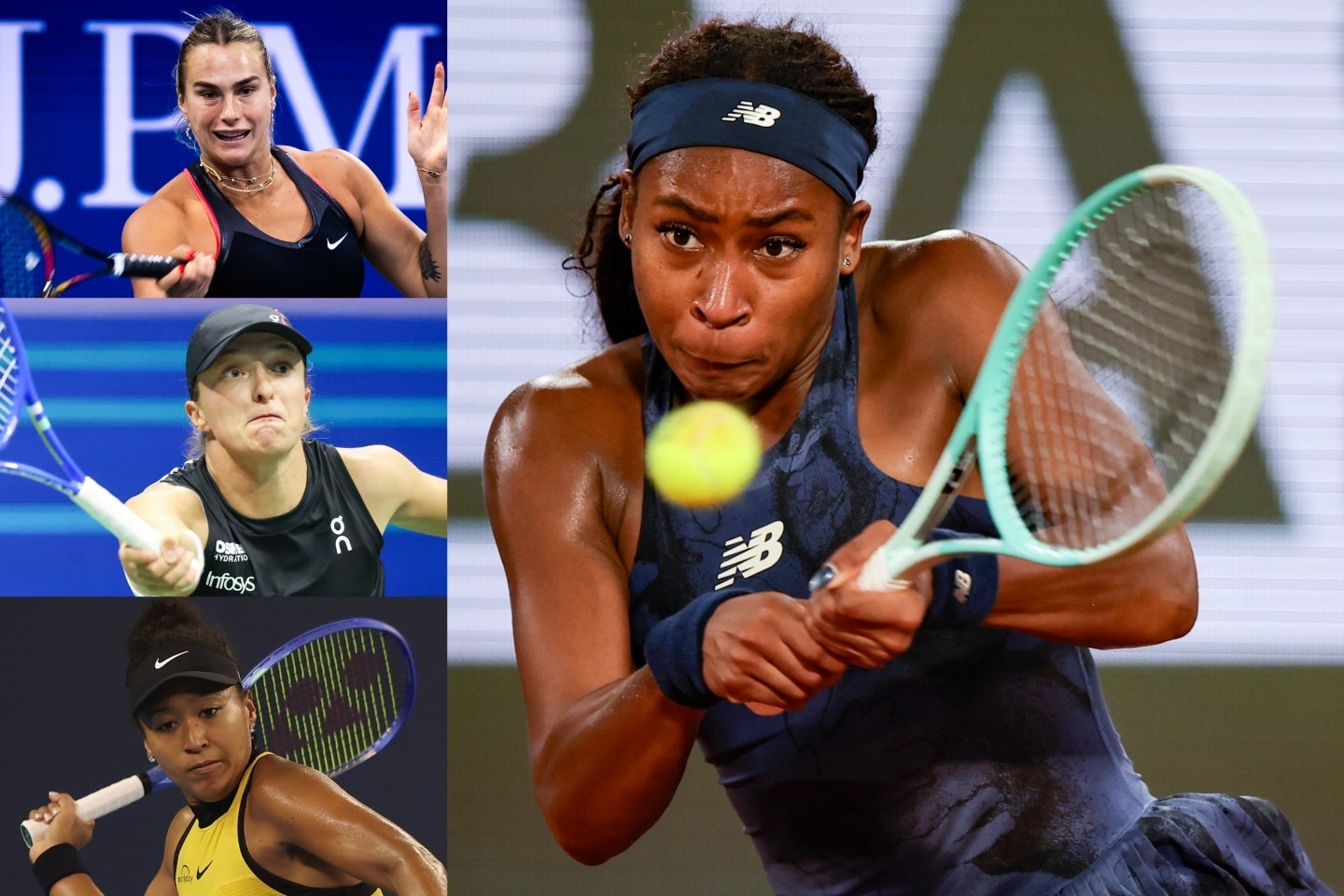 トップ15のうち10人がテニス選手で、トップ３も独占。１位はガウフ（右）、２位サバレンカ（左上）、３位シフィオンテク（左中）、10位には大坂（左下）が入った。（C）Getty Images