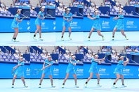 清水映里プロがバックのリターンで意識しているのは、軸足（右足）の決めと、肩のターンでコンパクトに引くこと（４コマ目）。そして少しタメてから、面をバウンドの頂点にぶつけにいく（８）。(C)THE DIGEST