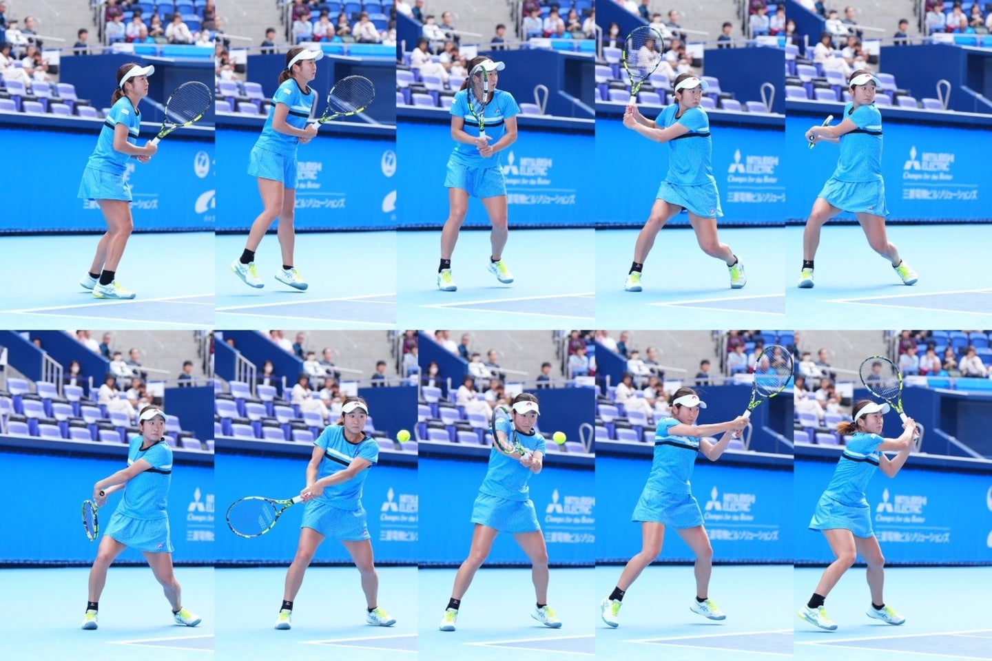 清水映里プロがバックのリターンで意識しているのは、軸足（右足）の決めと、肩のターンでコンパクトに引くこと（４コマ目）。そして少しタメてから、面をバウンドの頂点にぶつけにいく（８）。(C)THE DIGEST