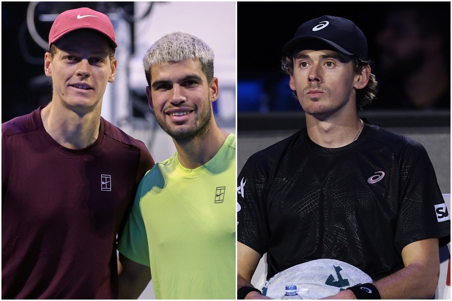 世界７位デミノー（右）は、アルカラス（中）、シナー（左）の２強との差を埋めるため、オフシーズンにサービスやショットスピードの向上へ集中的に取り組んでいるという。（C）Getty Images