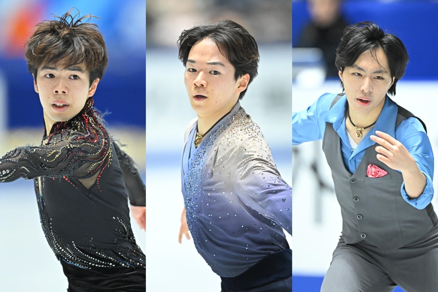 左から佐藤、鍵山、三浦。全日本で表彰台に上がりミラノ五輪の代表入りが有力となった。写真：金子拓弥（THE DIGEST写真部）