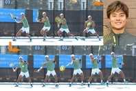 住澤大輔プロのフォアハンドトップスピン。肩を深く入れて身体をひねり（４コマ目）、右足の蹴りでそのひねりを戻すと（６～７）、腕を鋭く振り上げられる（８）。(C)THE DIGEST