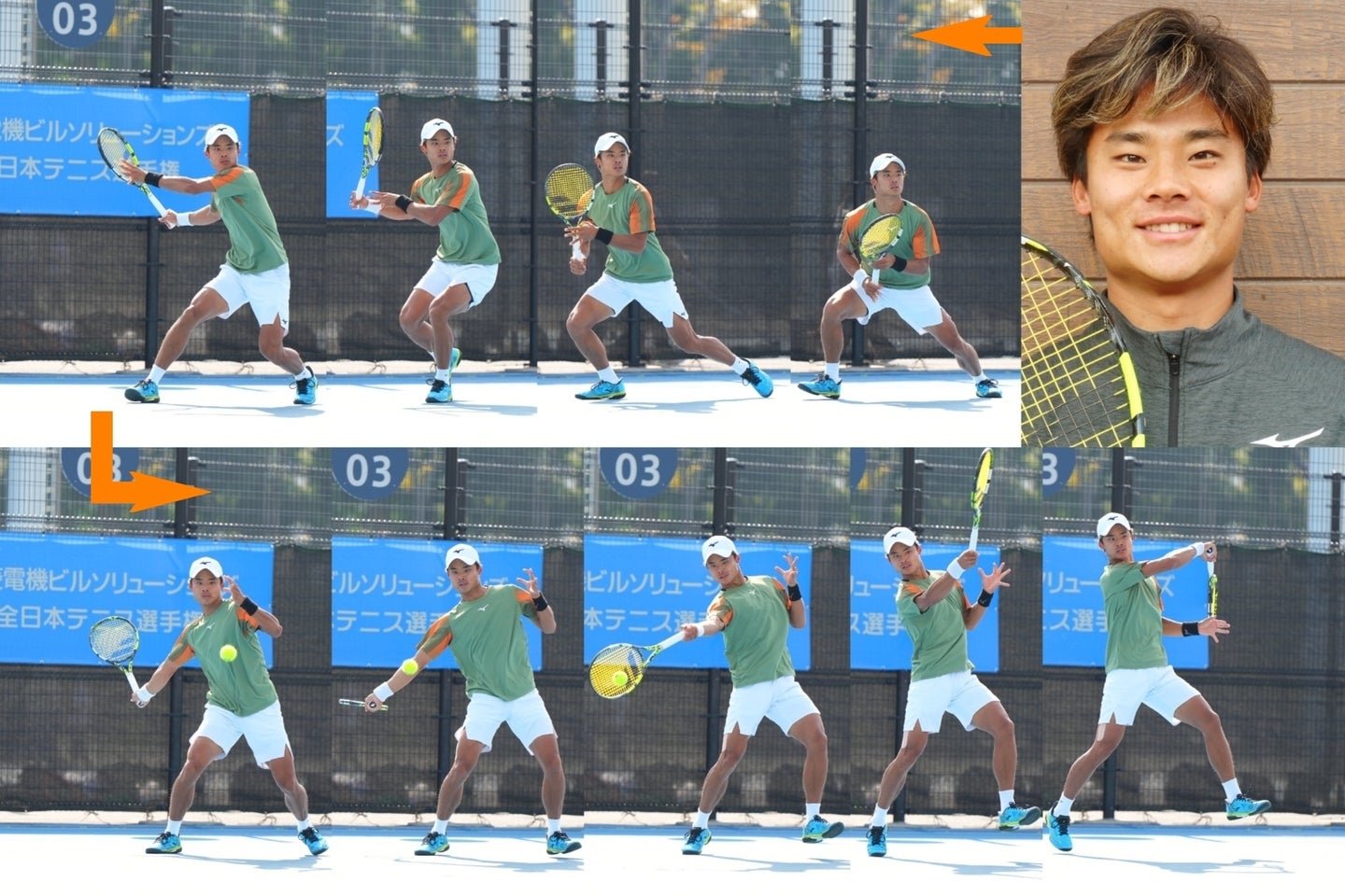 住澤大輔プロのフォアハンドトップスピン。肩を深く入れて身体をひねり（４コマ目）、右足の蹴りでそのひねりを戻すと（６～７）、腕を鋭く振り上げられる（８）。(C)THE DIGEST