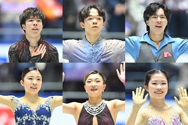 ミラノ・コルティナ五輪のフィギュアスケートのシングル日本代表に決定した（左上から）佐藤、鍵山、三浦、中井、坂本、千葉。写真：金子拓弥（THE DIGEST写真部）
