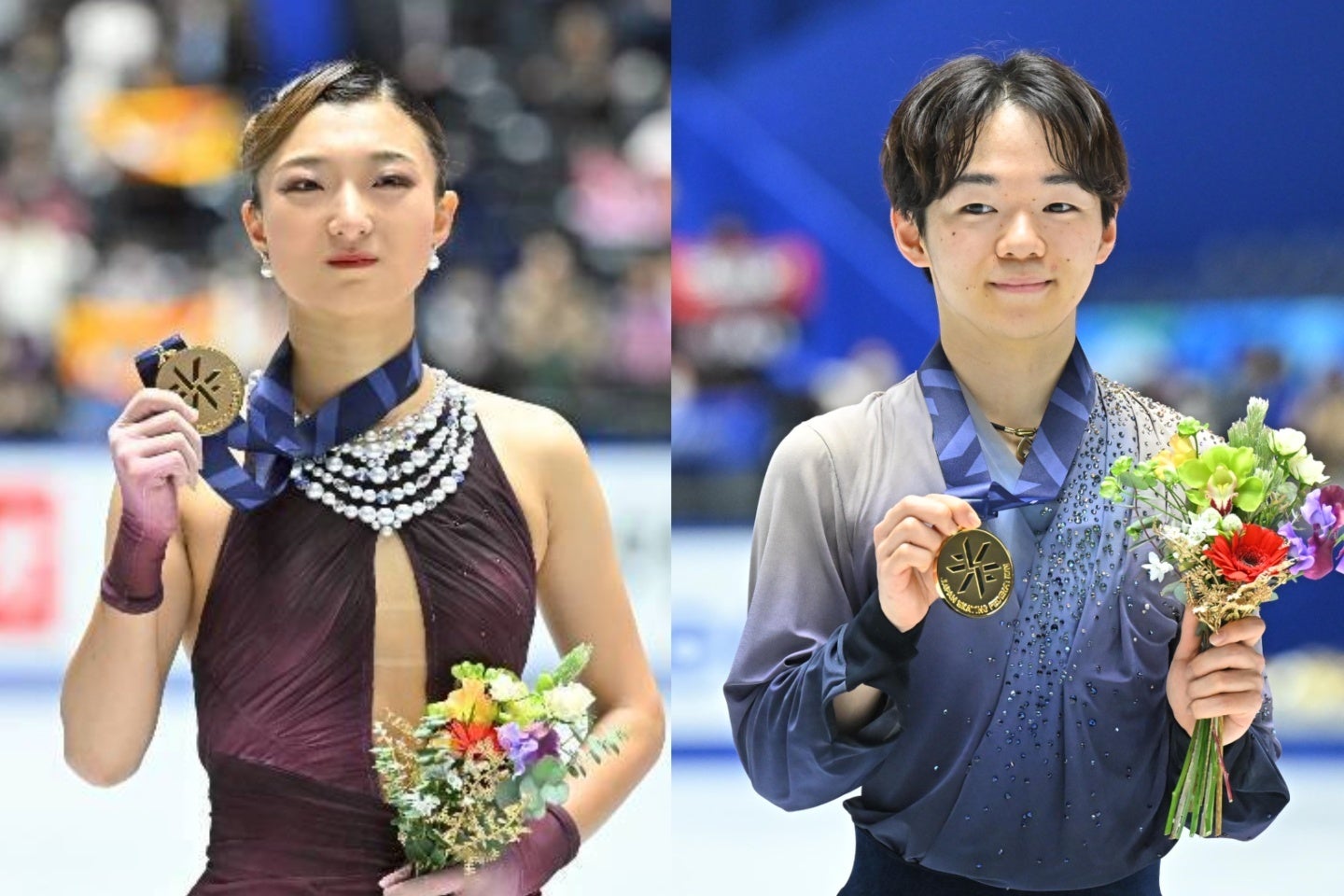 全日本選手権で優勝した坂本（左）と鍵山（右）。メダリスト・オン・アイスで突然コラボした。写真：金子拓弥（THE DIGEST写真部）