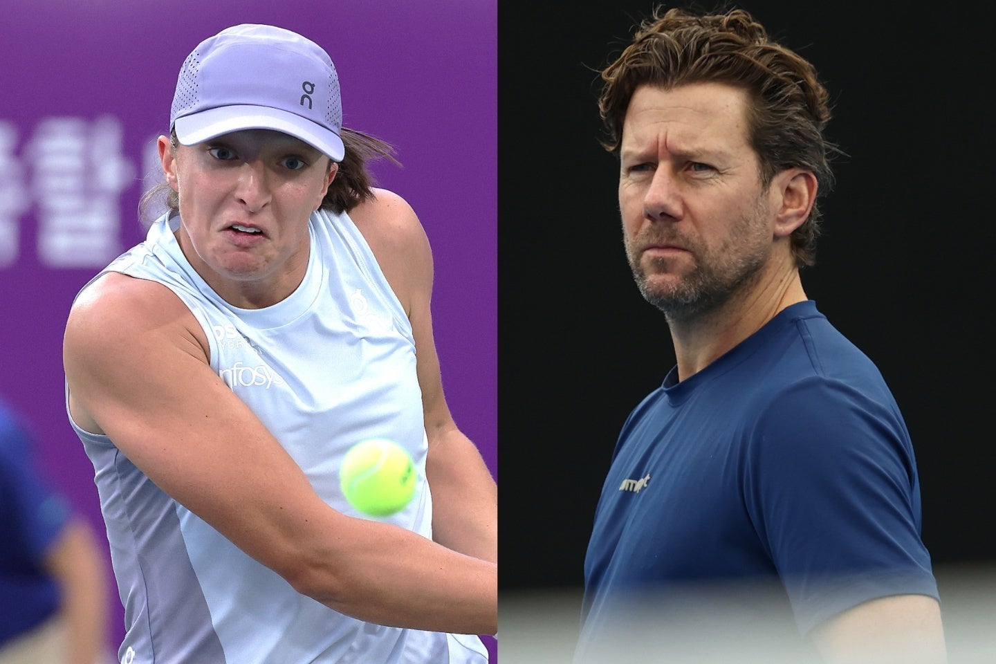 前半戦は苦戦が続いたが、夏以降に復調したシフィオンテク（左）。誰も予想しなかったウインブルドン制覇で評価を一変させた2025年を、コーチのフィセッテ氏（右）が振り返った。（C）Getty Images