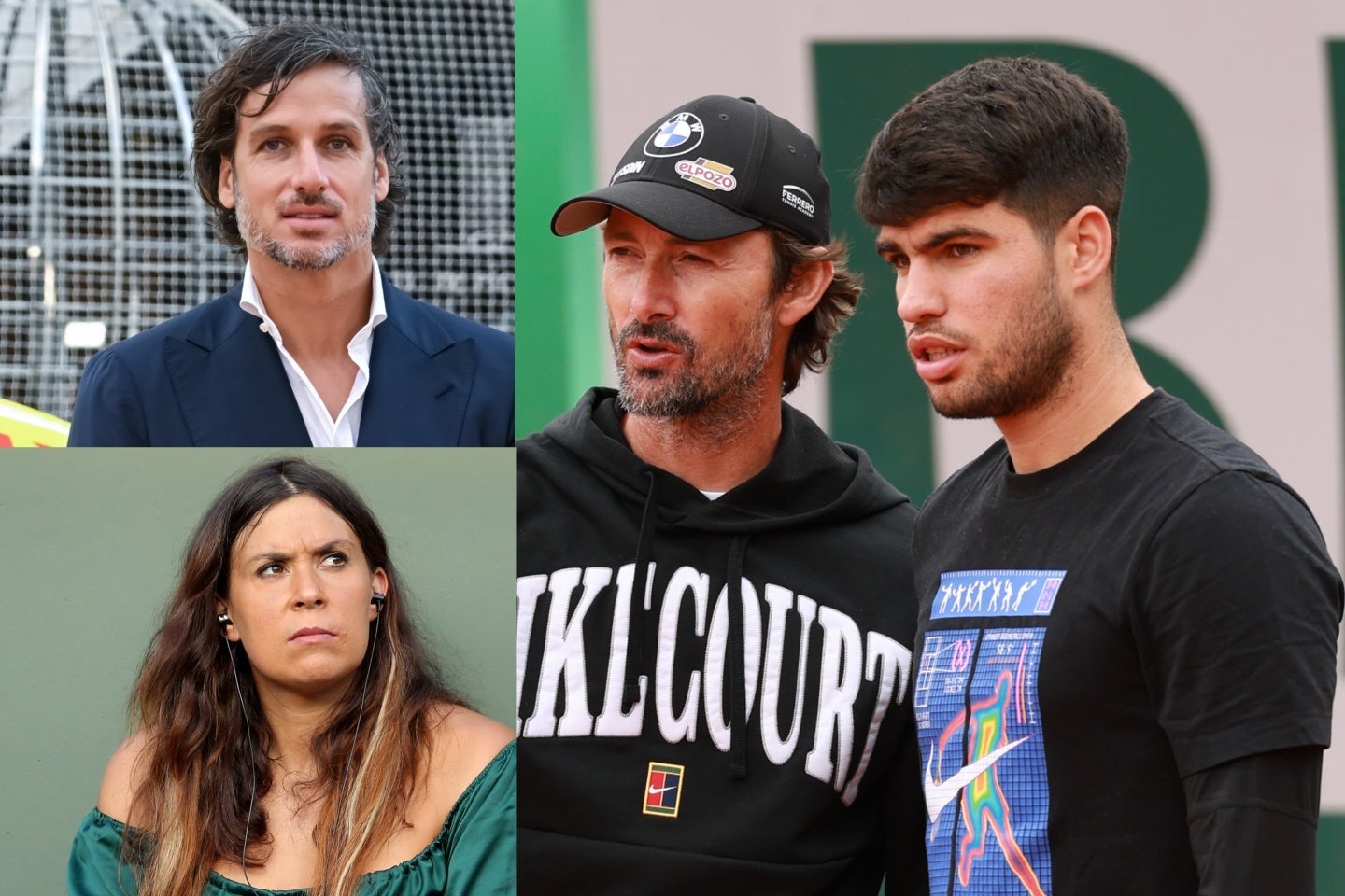 フェレーロ（写真中央）との別れは、22歳の王者アルカラス（右）にどんな影響を及ぼすのか。ロペス氏（左上）は精神面への負担を指摘する一方、バルトリ氏（左下）は引退の可能性にも言及している。（C）Getty Images