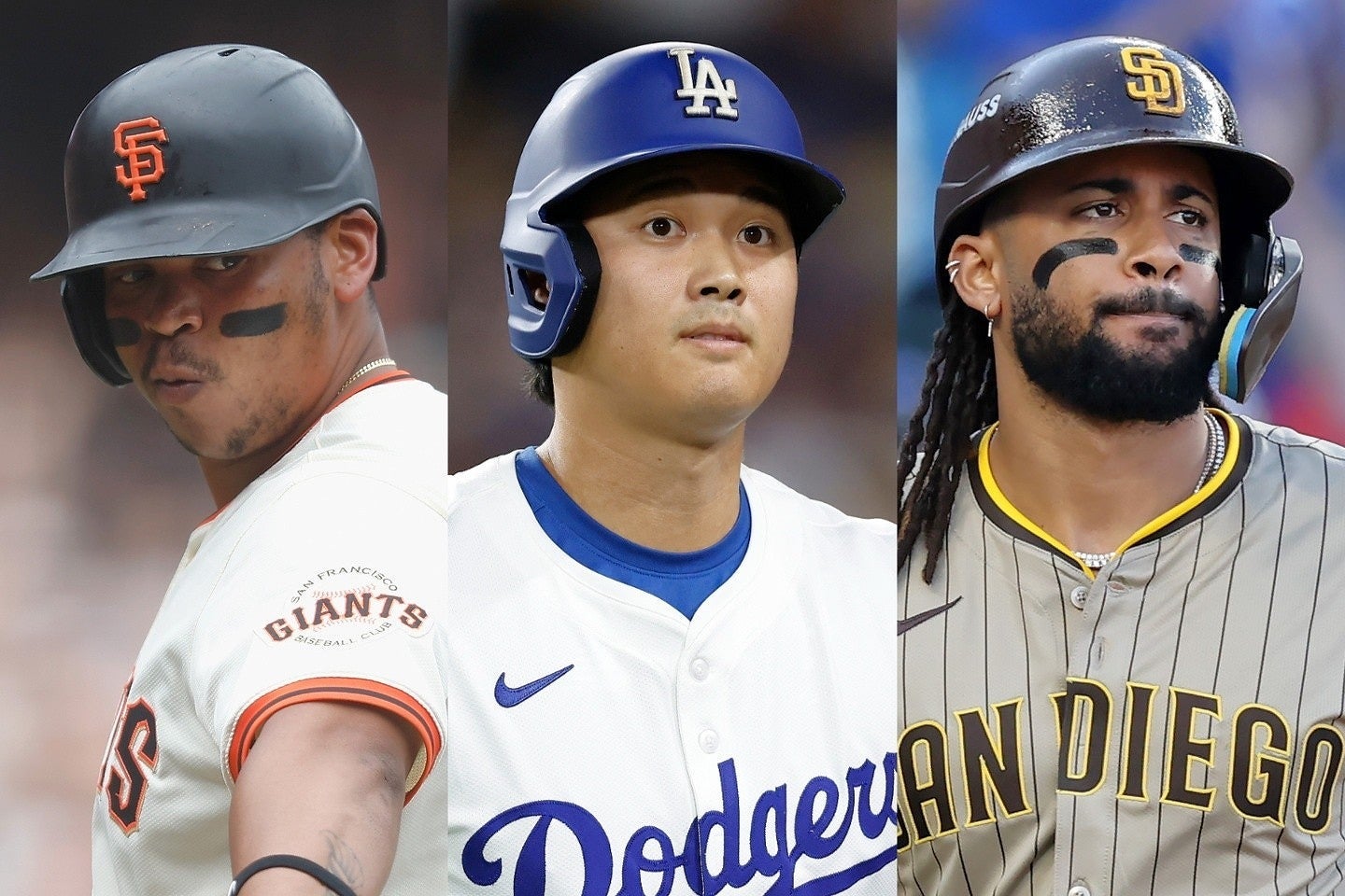 2025年シーズンのナ・リーグ西地区トップ３球団のスタープレイヤー。左からデバース、大谷翔平、フェルナンド・タティースJr.。(C)Getty Images