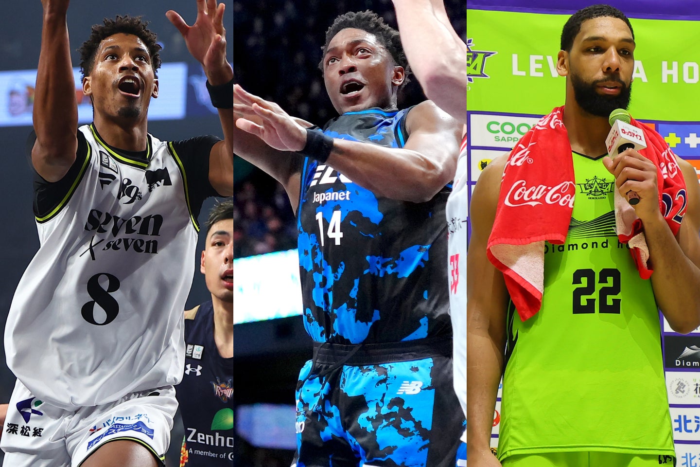 今季のBリーグでは、カルバー(左)、ジョンソン(中央)、オカフォー(右)といった元NBA選手たちが活躍している。写真：B.LEAGUE