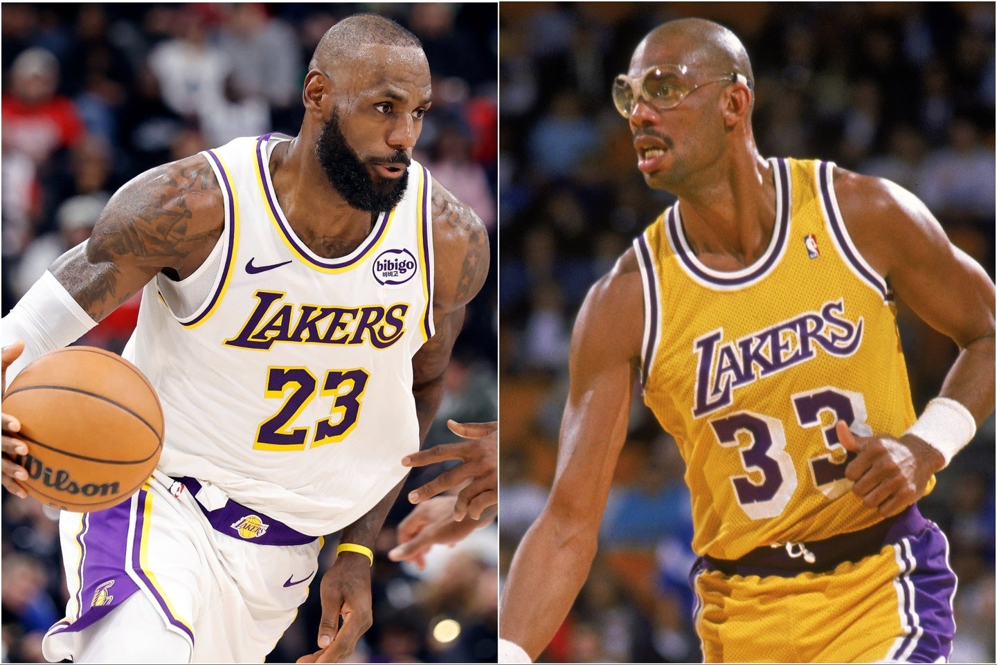 年末に41歳となったレブロン(左)。レイカーズでは42歳までプレーしたジャバー(右)に次ぐ年長選手となった。(C)Getty Images