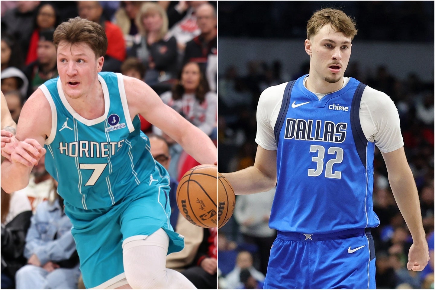 12月の月間最優秀新人に選ばれたホーネッツのカニップル(左)とマーベリックスのフラッグ(右)。(C)Getty Images