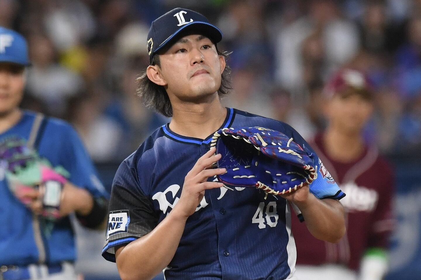 アストロズに移籍した今井。ヒューストンを意味する「Hポーズ」でファンを沸かせた。写真：鈴木颯太朗