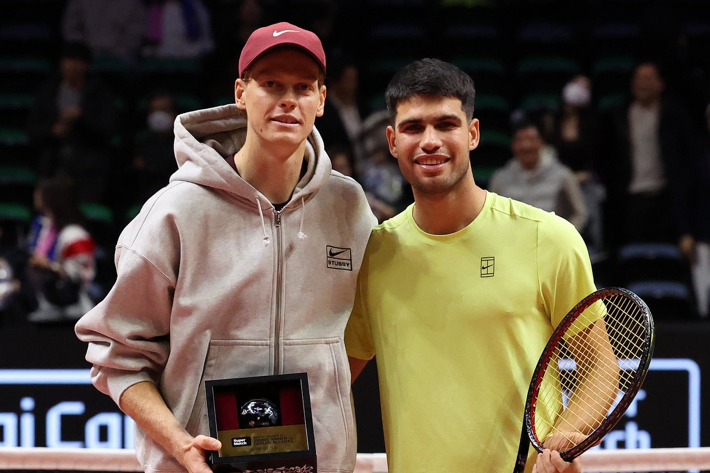 全豪オープン前にエキジビション大会で調整を行なったシナー（左）とアルカラス（右）。（C）Getty images