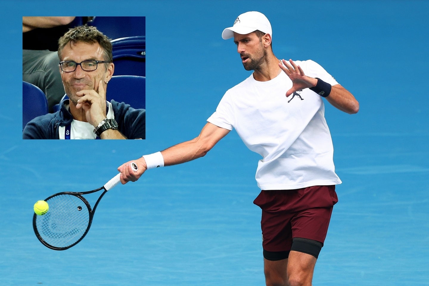 前哨戦に出場せず、全豪オープンの会場で練習に励むジョコビッチ。重鎮キャッシュ（左上）は“２強”を連続で倒すのは厳しいと指摘。(C)Getty Images