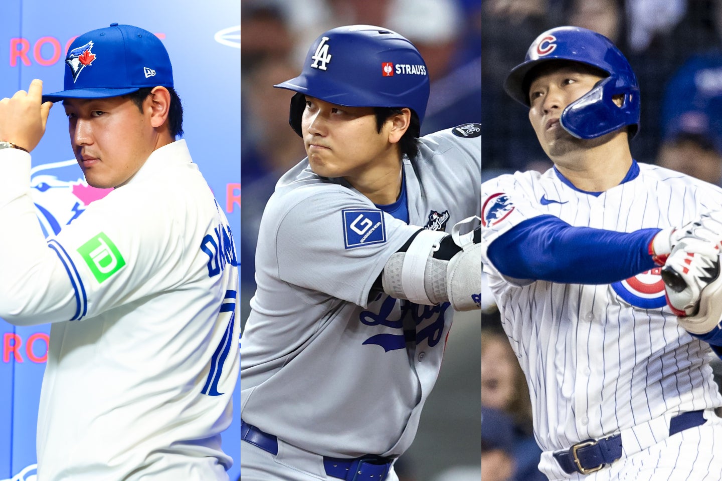 26年シーズンの活躍が期待されている（左から）ブルージェイズの岡本和真、ドジャースの大谷翔平、カブスの鈴木誠也。(C)Getty Images
