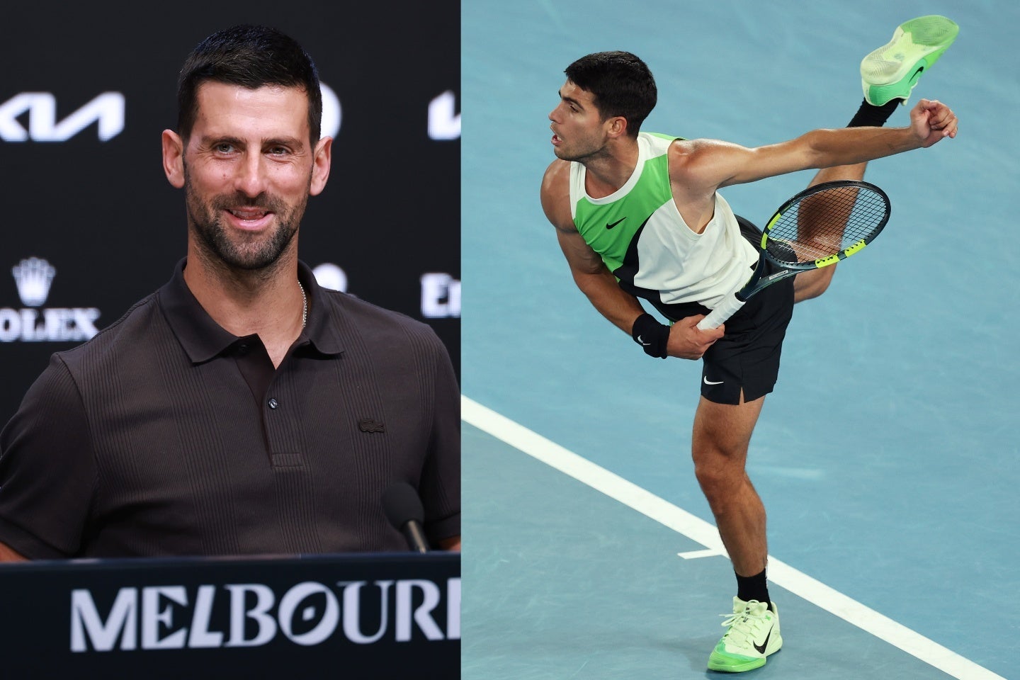 注目を集めるアルカラス（右）の新サービス。そのフォームがジョコビッチ（左）と似ているとして話題に。本人もユーモアを交えて言及した。(C)Getty Images