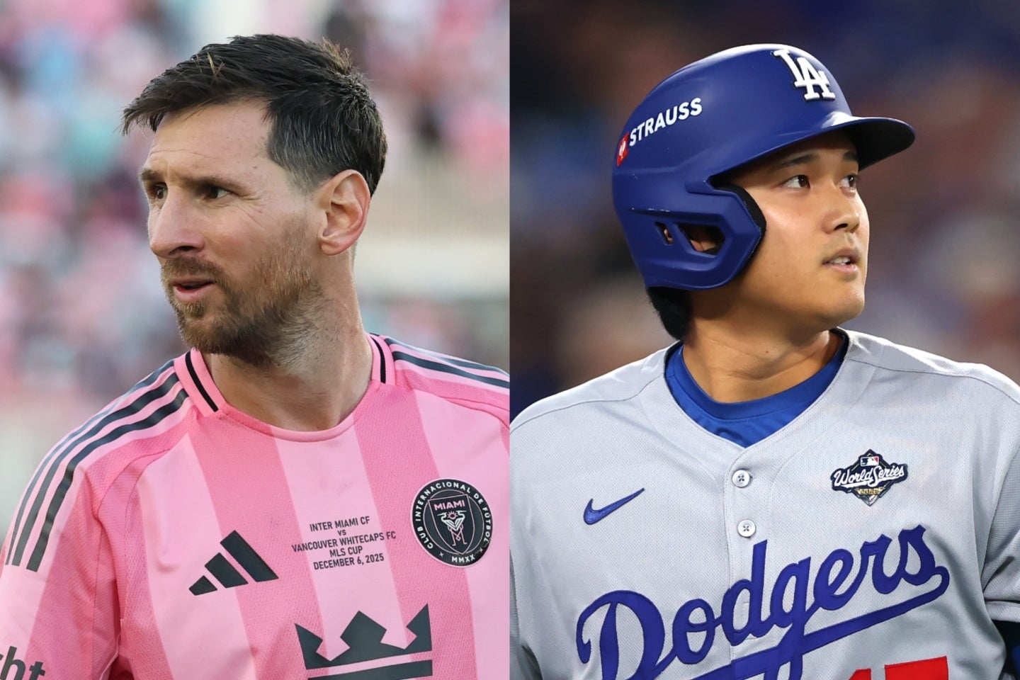MLSインテル・マイアミ所属のメッシ（左）とMLBロサンゼルス・ドジャース所属の大谷（右）。いずれも世界トップ級のアスリートだ(C) Getty Images