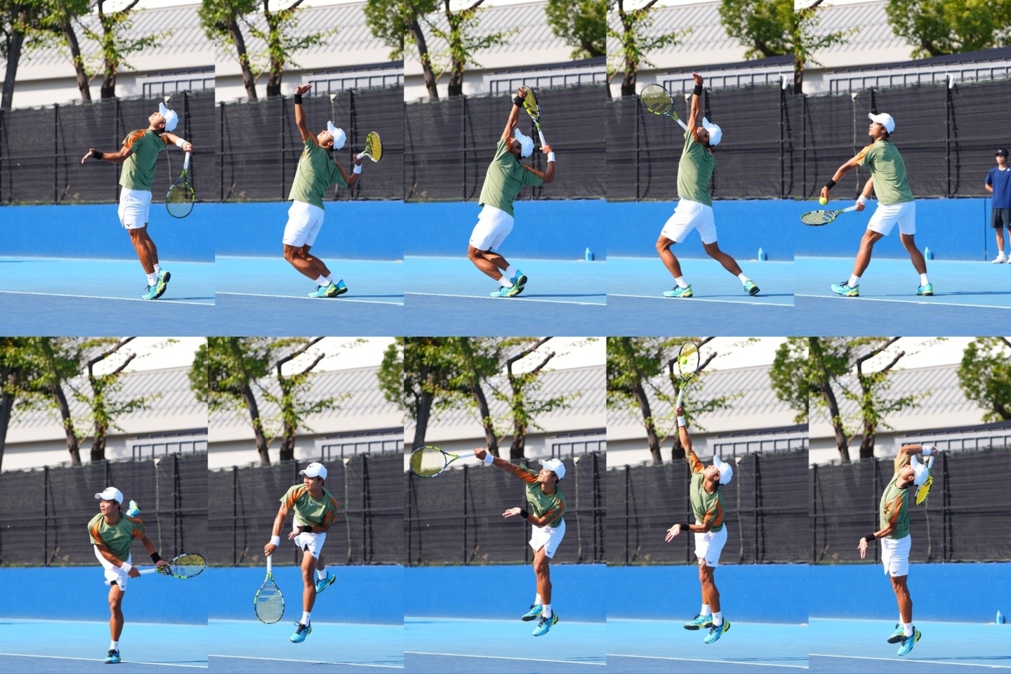 住澤大輔プロが武器とするフラットサービス。腕をリラックスし、ムチのようにしならせて振り上げる（６～７コマ目）。そして高い打点で捉えるのがポイントだ。(C)THE DIGEST