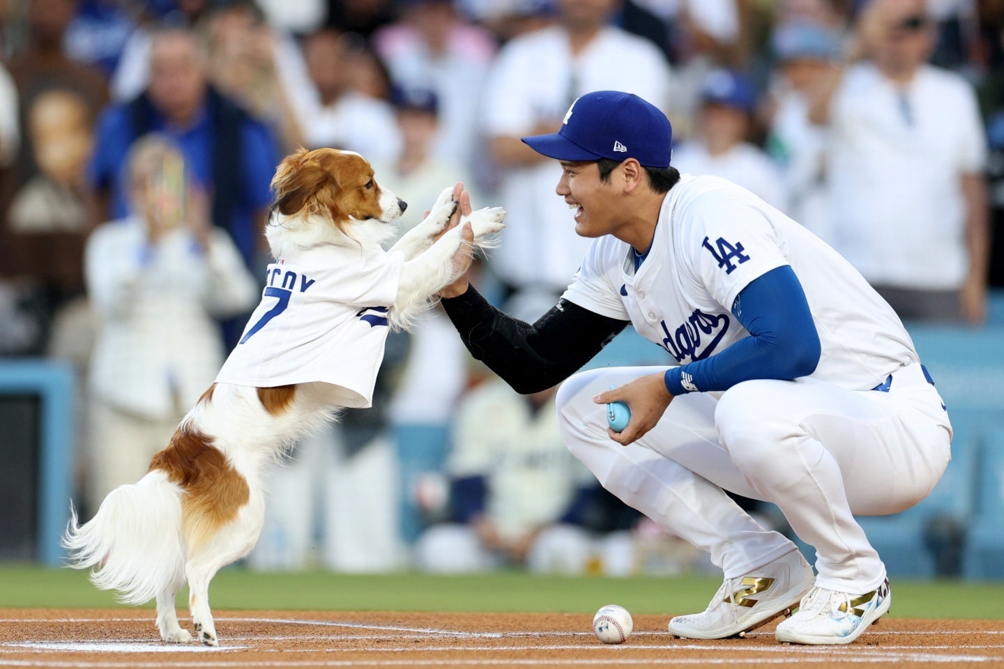 大谷は愛犬デコピンを抱える写真をSNSにアップした。(C)Getty Images